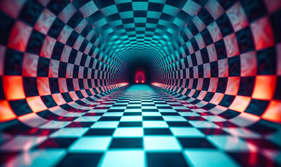 Poster - futuristic checkered tunnel with a dynamic perspective, evoking a sense of speed, motion, and virtua