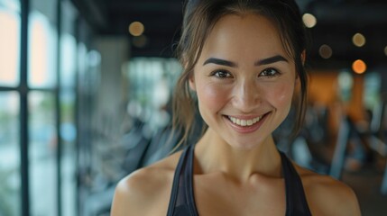 Wall Mural - A woman wearing a black top smiles at the camera. Versatile image suitable for various purposes