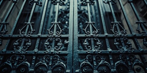 Poster - A close up shot of a metal gate with a building in the background. Perfect for architectural or urban-themed projects