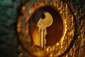 Poster - A close-up view of a key inserted into a keyhole. This image can be used to represent security, access, privacy, or unlocking doors