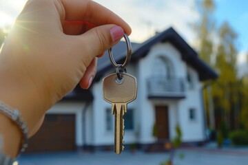 Poster - A person holding a key in front of a house. This image can be used to represent concepts such as home ownership, real estate, security, or moving into a new house