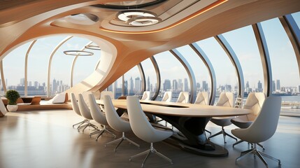 Wall Mural - meeting room with a large conference table and large windows view an office.