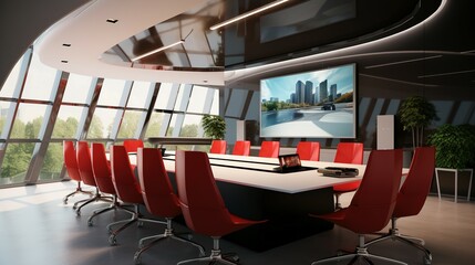 Wall Mural - meeting room with a large conference table and large windows view an office.