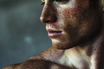 Canvas Print - A close-up photograph of a man with freckles on his face. Perfect for portraying natural beauty and individuality