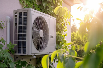 Heat pump on house wall with green plants and sun light