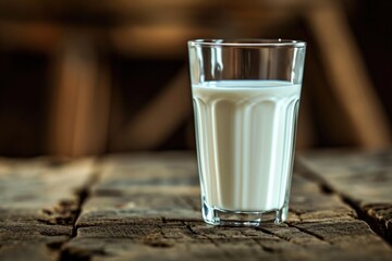 Poster - A glass of milk sitting on top of a wooden table. Perfect for food and beverage themes