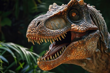 Poster - A close-up view of a dinosaur with its mouth wide open. This image can be used to depict the fierce and powerful nature of dinosaurs