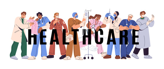 Poster - different doctors work together. medical team set. nurse with dropper, medic with aid kit. health wo