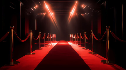 Red carpet staircase with smoke and spotlights, holiday awards ceremony event