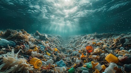 Wall Mural - Impact of Plastic Waste on Oceans. Plastic waste piles on beaches or in oceans, highlighting their impact on marine ecosystems and related global warming issues.