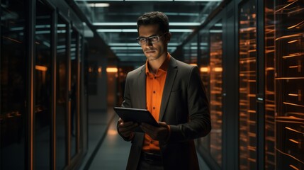 Aufkleber - An IT engineer fixes technical problems in the server room with a tablet in his hands. Modern technologies, Information, Cyber security, artificial intelligence concepts.