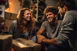 Fototapeta  - Heartwarming friends taking a break from moving, sitting among unpacked boxes in their new apartment, sharing pizza and stories, creating a cozy and friendly atmosphere