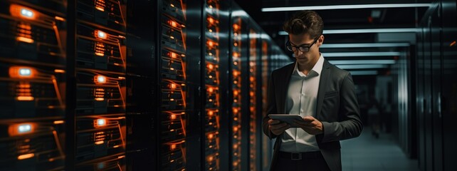 Poster - The technical director of the data center is standing in the server room with a laptop in his hands. Information, Cloud Storage, Web Services concepts.