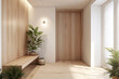 © TANATPON - Interior stylish modern wooden entrance hallway decor with cozy wooden tone, contemporary home with furniture desk, stand and shoe bench.