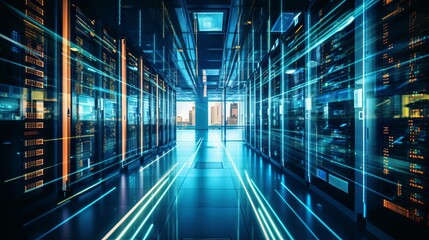 Sticker - A large server room with dark lighting from a high-tech company. Digital Information, Data Center, Cybersecurity, Artificial Intelligence Concepts.