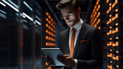 Aufkleber - A young male entrepreneur, an IT support engineer, working, solving and troubleshooting problems in a dark server room with a tablet in his hands. Computer, cybersecurity, analytics, software concepts