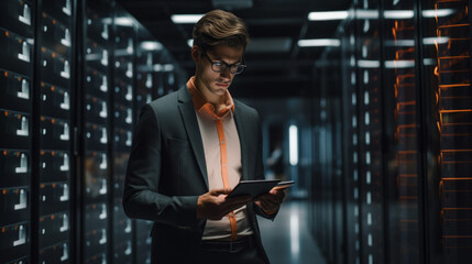 Aufkleber - An IT specialist stands near the operating server racks, uses a tablet for maintenance. The concept of artificial intelligence, supercomputer, modern telecommunications, cybersecurity.
