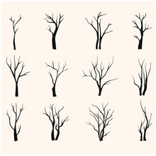 Black Branch Tree Or Naked Trees Silhouettes Set. Illustration Style Doodle And Line Art