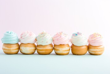 Wall Mural - six pastel doughnuts with various colors of frosting on a white background