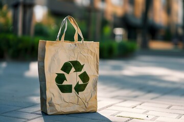 Wall Mural - Recycle logo on a paper shopping bag sustainability and enviromental concept