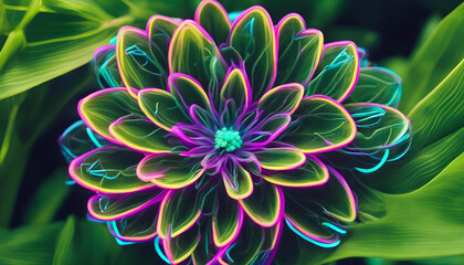 Wall Mural - Neon flower of perfect shape lines against the background of green plants