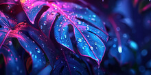 Colorful Leaves With Raining Rain, In The Style Of Neon Realism, Tropical Baroque, Mysterious Backdrops, Junglepunk, Dark Purple And Light Cyan