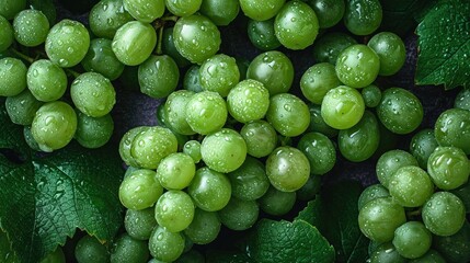 A cluster of fresh green grapes, an artistic arrangement for aesthetic appeal. Grapes background.