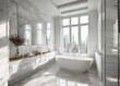 White bathroom marble countertop with copy space on blurred window background
