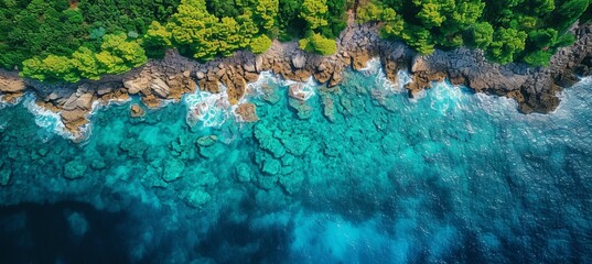 Canvas Print - Top view sea coast and island. Generative AI technology.