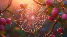 A Dew-kissed Spider Web, Intricate, Delicate, Shimmering, Vibrant, Glistening. DSLR, Macro Lens, Early Morning, Ethereal, Fujifilm Velvia. 