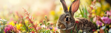 A Wild Rabbit In Grass In Meadow Of Spring Flowers, Banner For Easter Sunday Celebrations Or Farm Concept, Floral Background With Copy Space For Text.