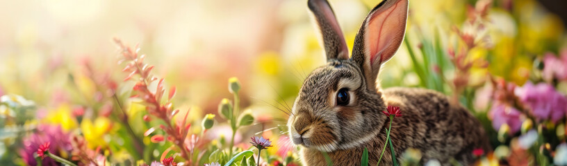 Wall Mural - A wild rabbit in grass in meadow of Spring flowers, banner for Easter Sunday celebrations or Farm concept, floral background with copy space for text.