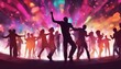 © abu - silhouettes of  people dancing at a crowded party at midnight, colorful lights and smoke at background, dijital painting.