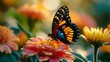 Butterfly resting on a blooming flower, vivid, intricate, colorful, fragile, detailed. Mirrorless, macro lens, midday, vibrant, Kodak Ektar.