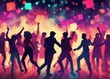© abu - silhouettes of  people dancing at a crowded party at midnight, colorful lights and smoke at background, dijital painting.