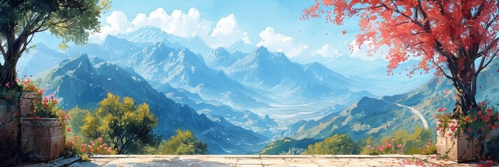 Wall Mural - An illustration of a picturesque mountain landscape with snow-capped peaks, dense forests and clear blue skies, embodying the beauty of summer nature.