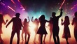 © abu - silhouettes of people dancing at a crowded party at midnight, colorful lights and smoke at background
