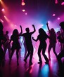 © abu - silhouettes of people dancing at a crowded party at midnight, colorful lights and smoke at background
