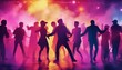 © abu - silhouettes of people dancing at a crowded party at midnight, colorful lights and smoke at background