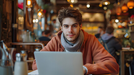 Wall Mural - A young man using a laptop, a boy using a computer at a table as a freelancer or student, and he gazes at the camera