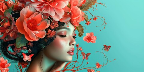 Wall Mural - Portrait of beautiful woman with hair filled with flowers