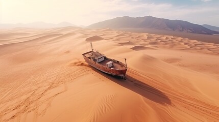 An abandoned and rusty fishing vessel lies wrecked on a dune in the desert without water