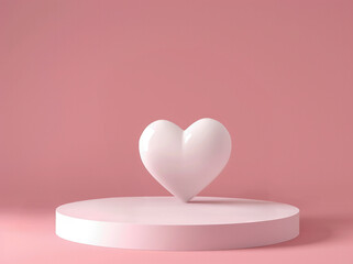 Poster - White heart on a pink podium with pink background. High quality photo