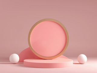 Poster - Empty circle podium with circular backdrop and pink background. High quality photo