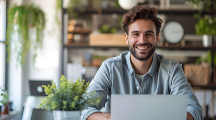 smiling professionally and looking, a young man using a laptop at an office