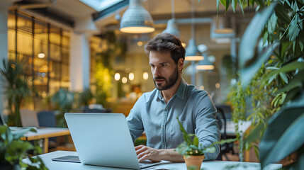 Wall Mural - A businessman in an office is using his laptop while wearing a shirt. Office in an open space