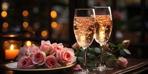 Wall Mural - Elegance in celebration with champagne, roses, and festive decorations, symbolizing love and happiness.