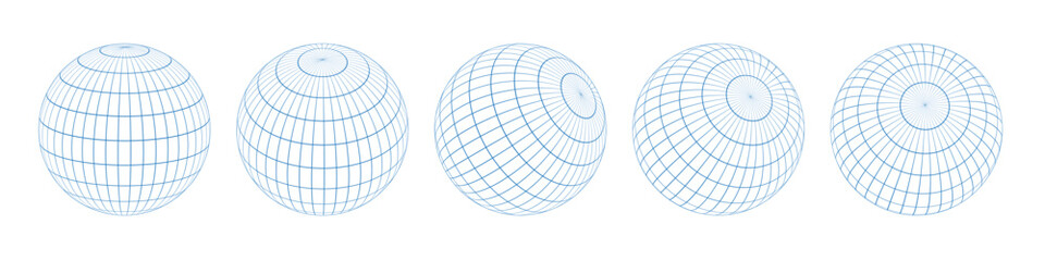 Wireframe spheres collection. Colorful 3d outline globes 