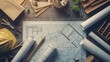 © Orxan - Architect workplace top view. Architectural project, blueprints, blueprint rolls on table. Construction background. Engineering tools. Copy space