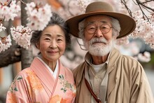 April Showers - A Man And Woman Pose Together In A Flowery Dress, Celebrating The Arrival Of Spring And The Blooming Of Cherry Blossoms. Generative AI